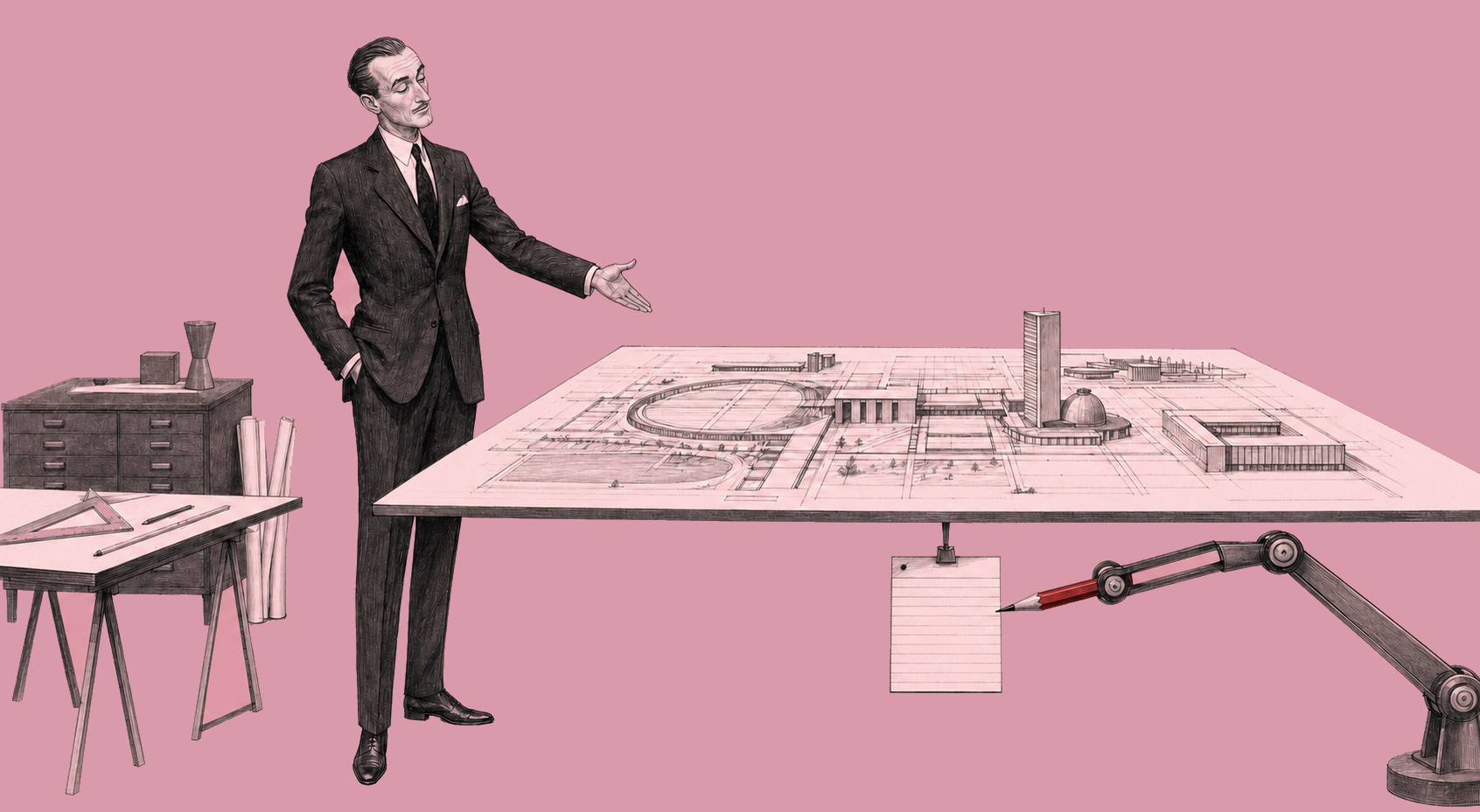 An elegant strategist presents an architectural plan supported by one small assumption card while a mechanical arm approaches with a red pencil