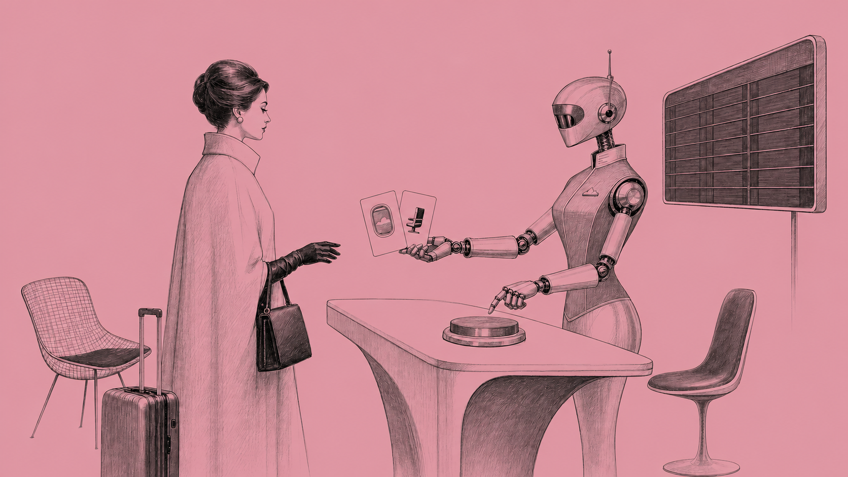 A robotic travel concierge pauses while offering a traveller the choice between a window and an aisle seat.