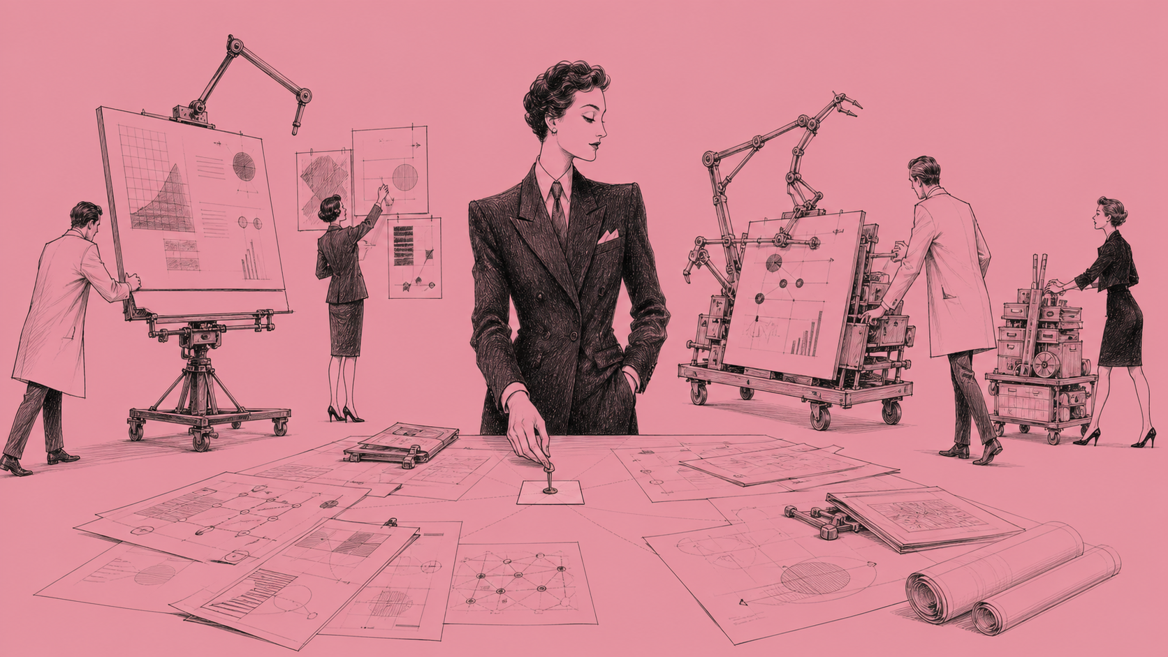 An elegant Bureau strategist holds one map pin fixed while assistants rearrange plans and machinery around it.