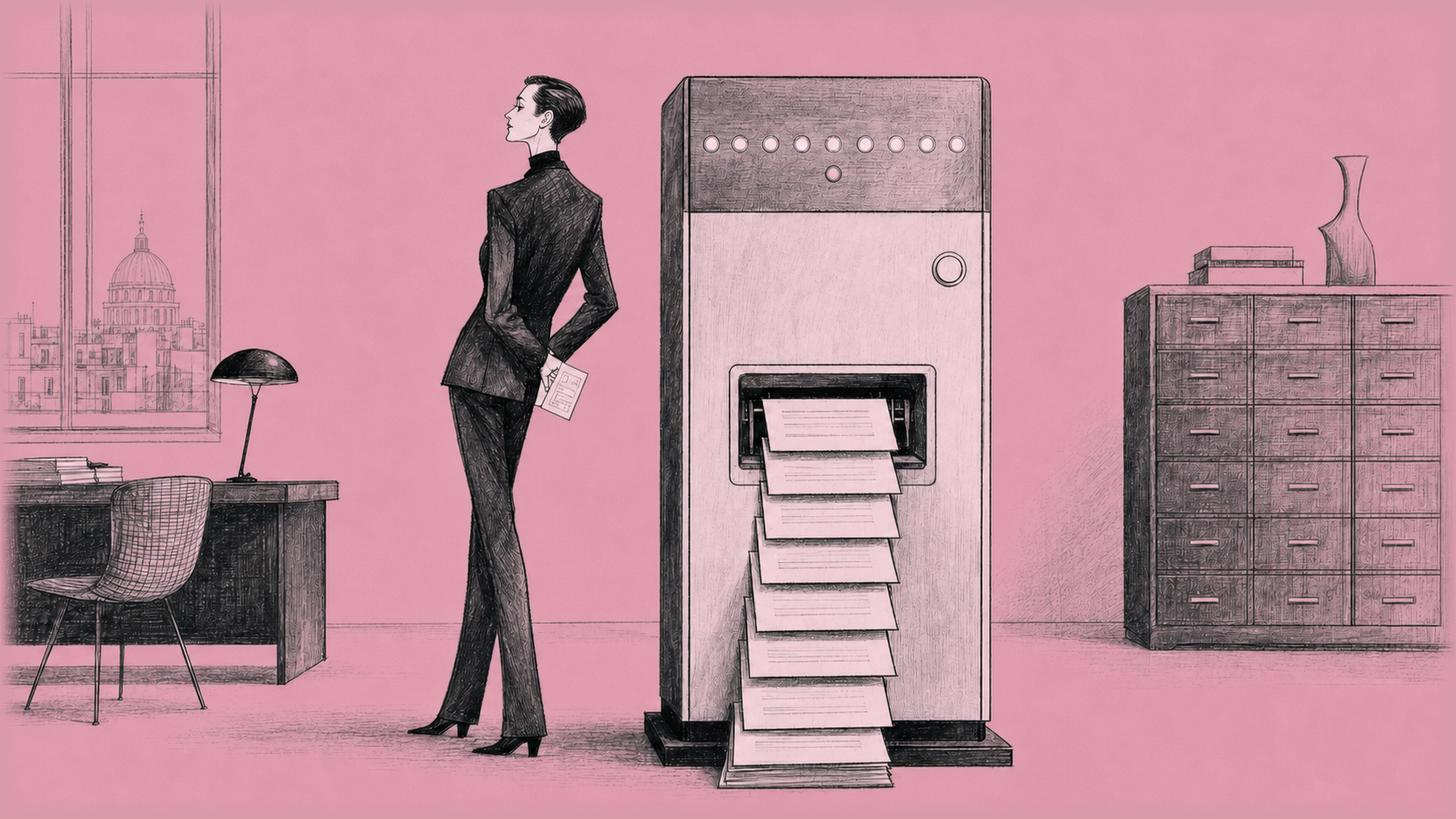 An elegant Bureau clerk keeps a handwritten decision behind their back while an immaculate machine dispenses a stack of identical briefs