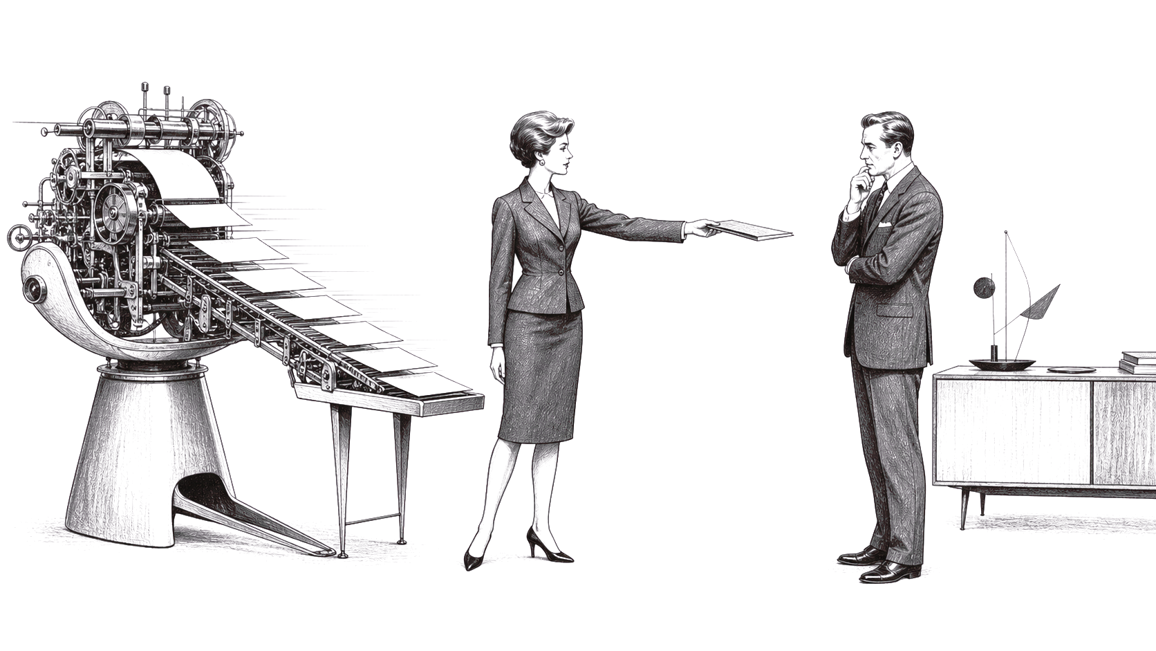 A Bureau machine produces documents at speed while one clerk waits to hand a single unexplained folder to a colleague.