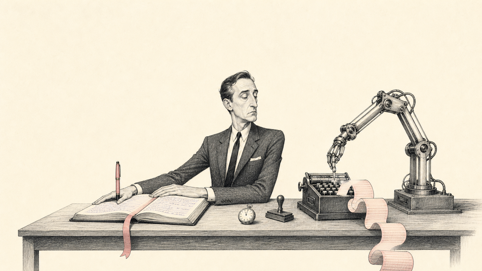 An elegant office clerk protects a handwritten ledger while a mechanical arm types at speed and produces a long pink paper ribbon