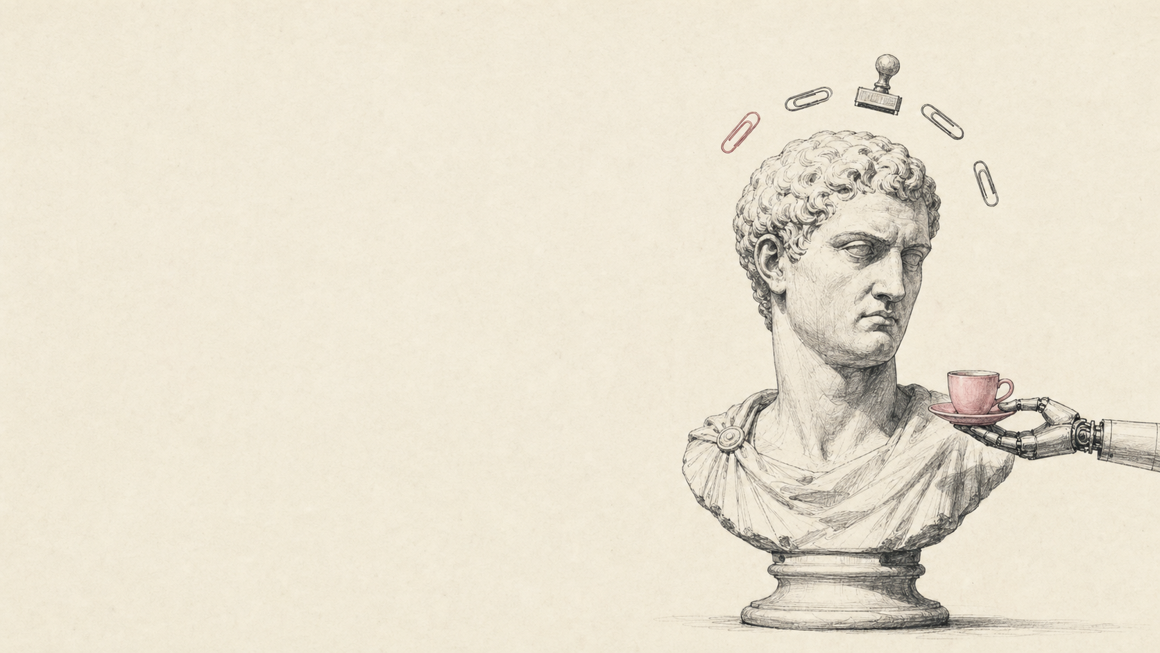 A classical bust receiving a pink espresso from a mechanical hand beneath a halo of paper clips