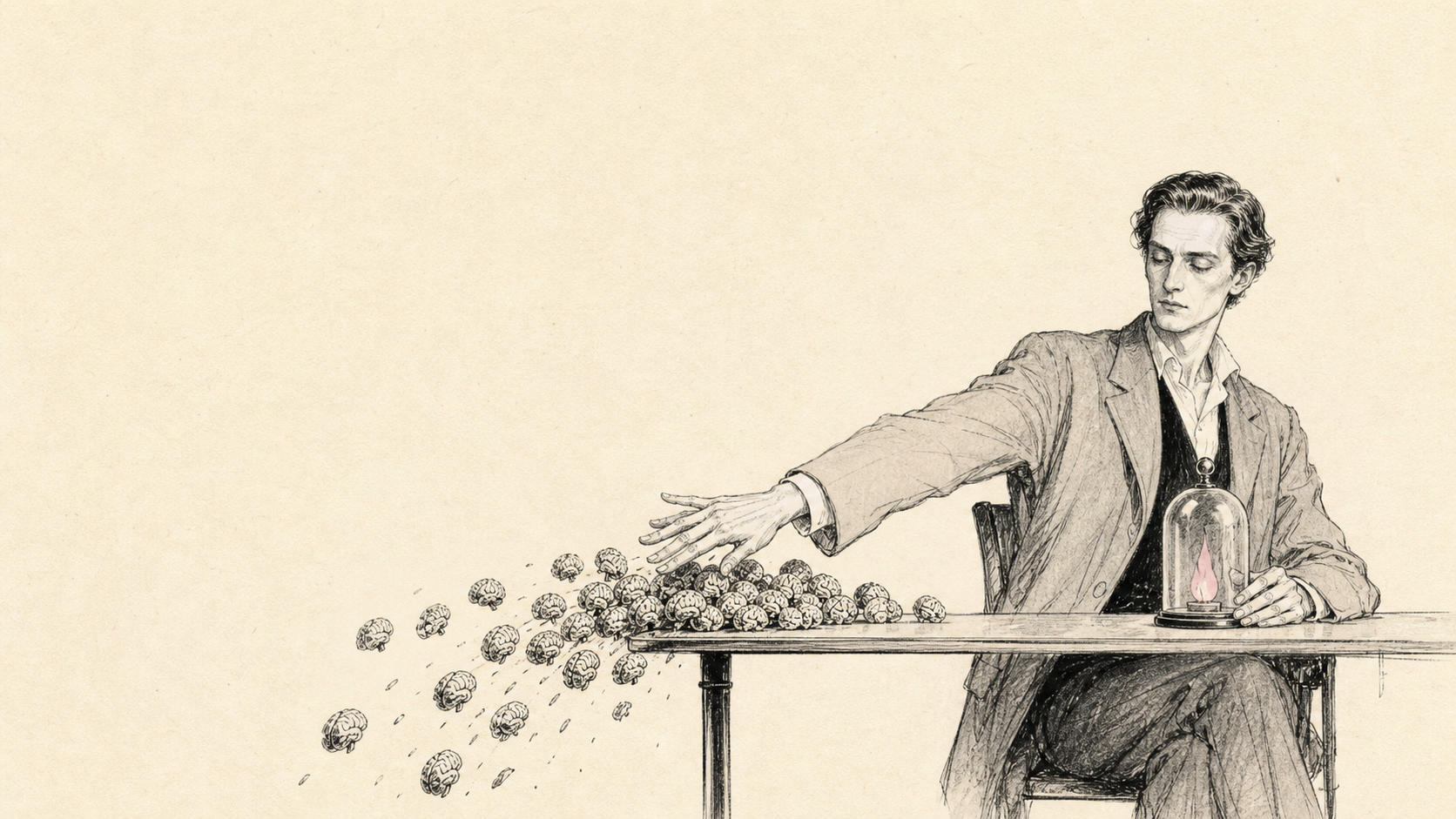 An archivist sweeps away a surplus of mechanical brains while protecting a small pink flame