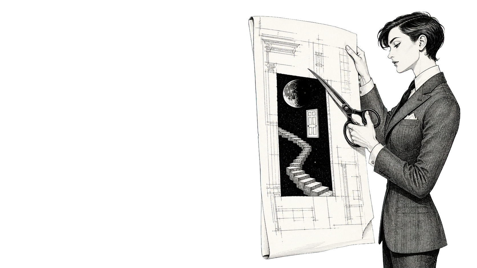A sharply dressed strategist cuts an impossible staircase, moon, and floating door from an architectural plan