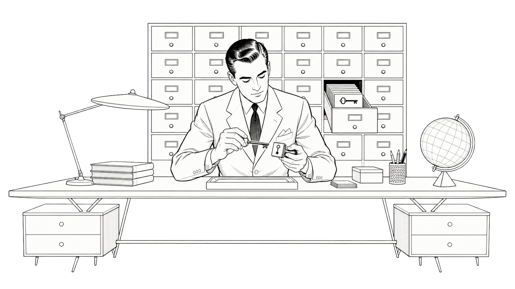 An archivist pairs a key with its matching stamp in front of a wall of memory drawers.