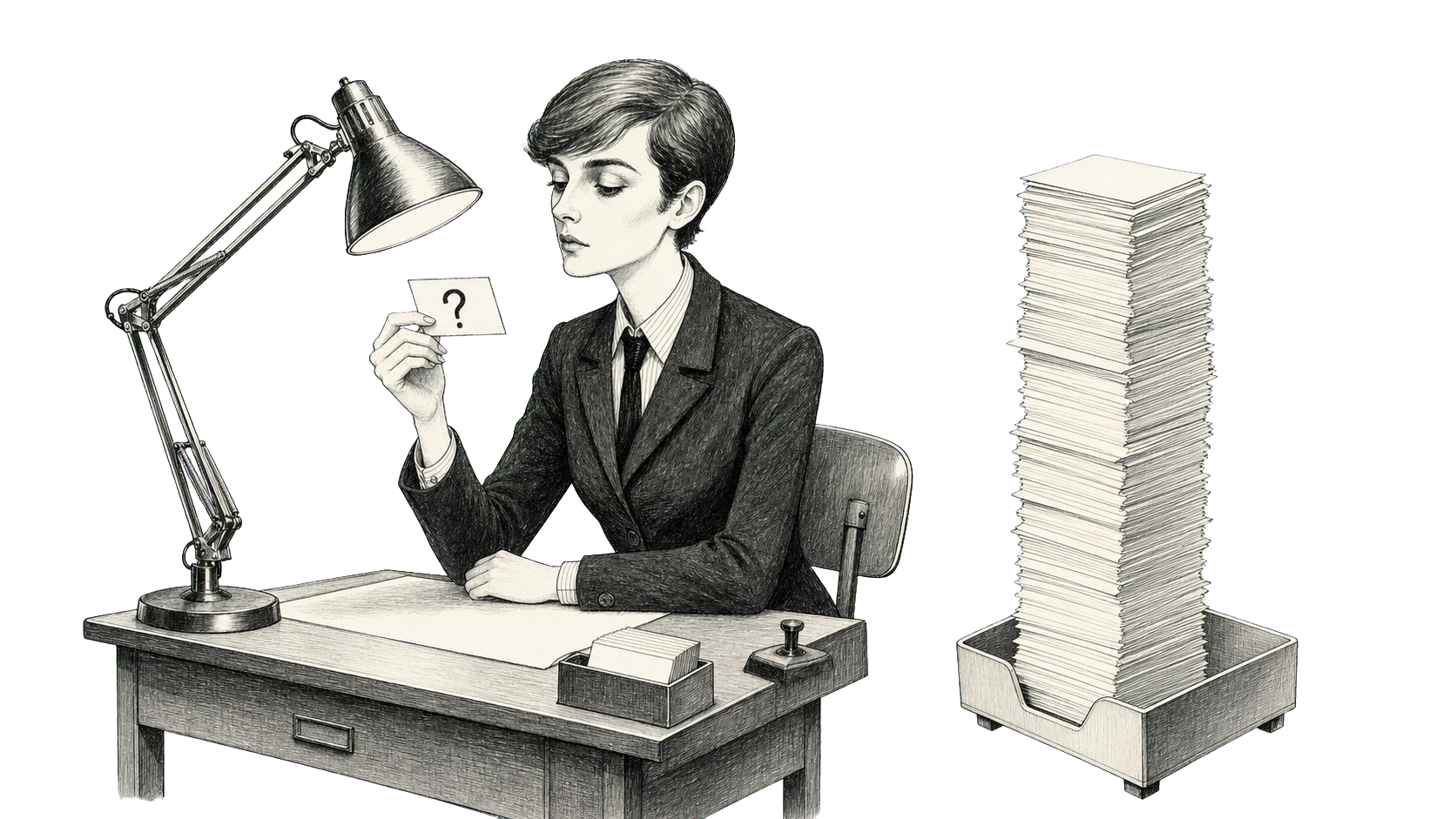 A Bureau clerk holds a small customer question under a reading lamp while a tall stack of brand claims waits politely in a tray