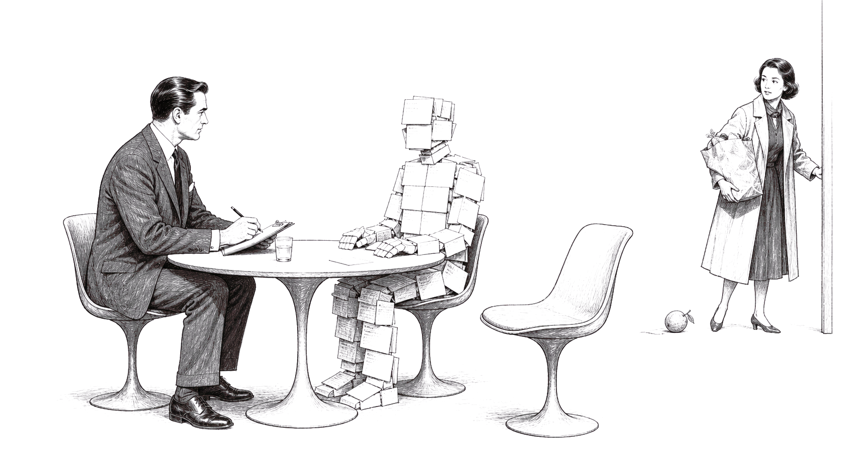 A Bureau researcher interviews a customer made from index cards while a real person arrives beside an empty chair.